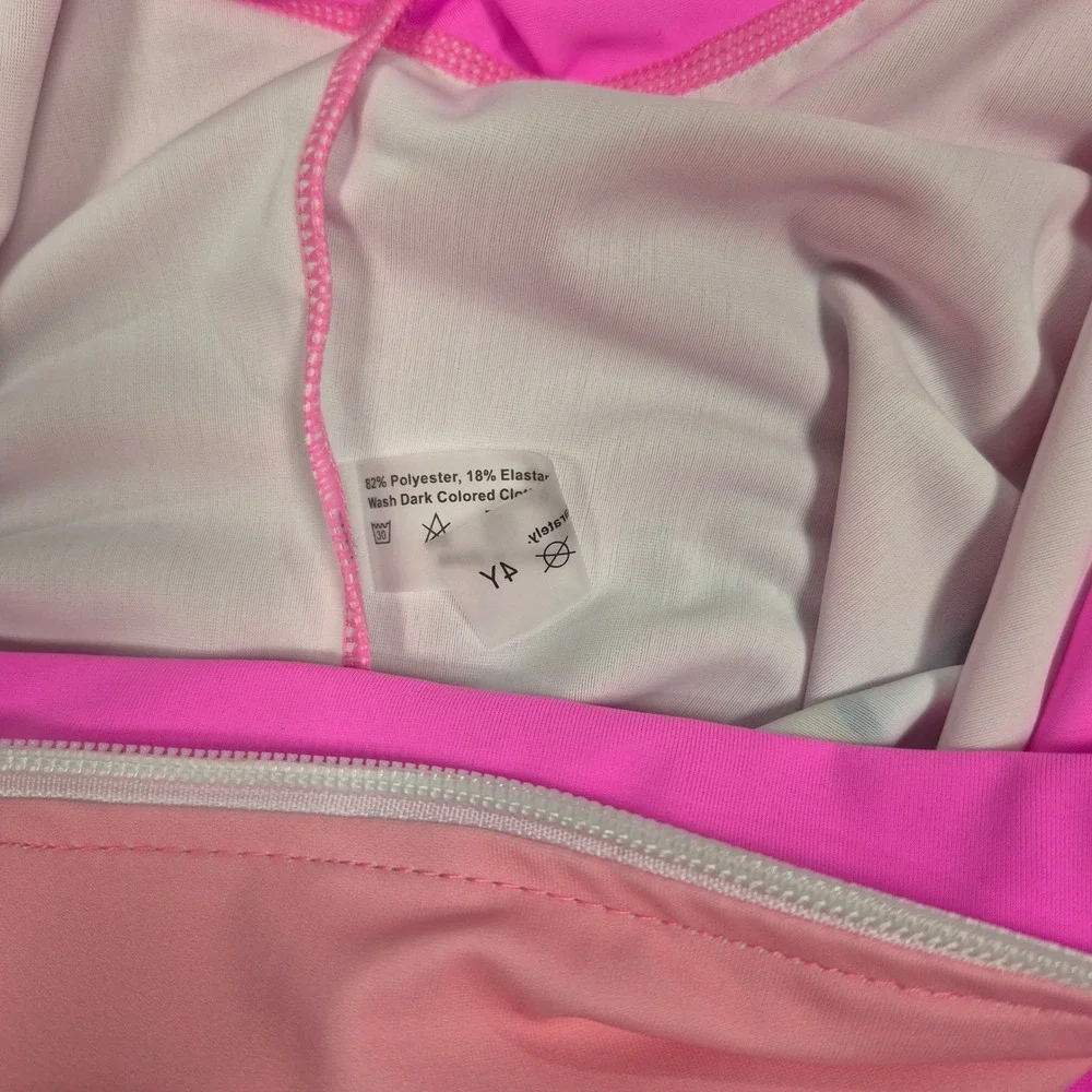 Girls Long Sleeve Rashguard One Piece Swimsuit Unicorn Pink Ruffles Hat Size 4Y